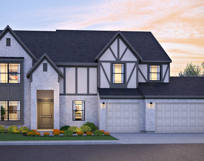 Two-story house with white brick and stucco exterior, dark roof, three-car garage, front yard landscaping, and windows lit from inside at dusk—perfect for buyers searching Valpo homes for sale.