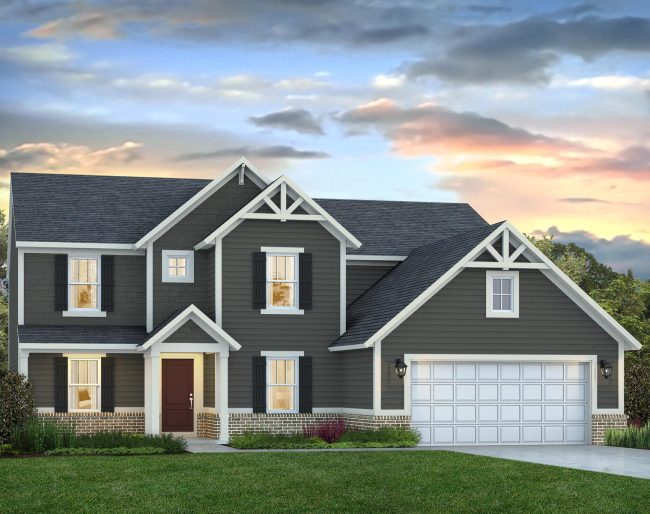 Two-story suburban house with dark gray siding, white trim, a brown front door, double garage, and landscaped yard—an inviting find among Valpo homes for sale—set against a cloudy sunset sky.