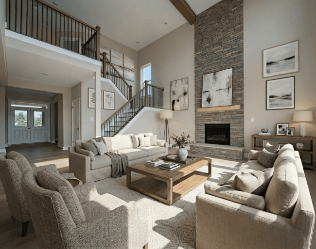 Spacious living room with neutral-toned furniture, a stone fireplace, large windows, modern artwork, and a staircase leading to an upper level—perfect for those exploring Valpo homes for sale with trusted NWI real estate agents.