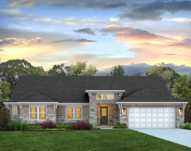 Single-story suburban house with a brick and stone exterior, attached two-car garage, front lawn, and trees in the background at sunset—an inviting option among Valpo homes for sale.