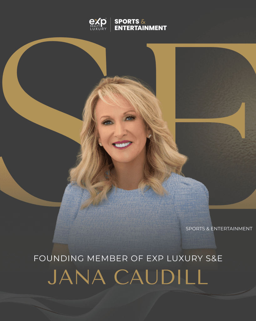 Jana Caudill, a founding member of eXp Luxury S&E and one of the top NWI real estate agents, poses smiling in front of a dark background with large gold letters and the eXp Luxury Sports & Entertainment logo.